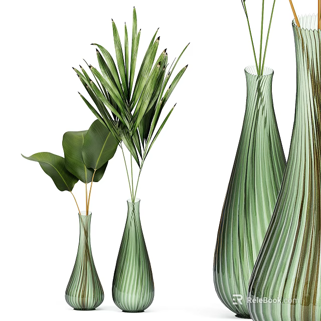 Green Striped Glass Vases With Palm Leaves And Tropical Plants For Home Decor 3d model 