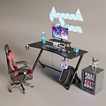 Gaming Computer Setup With Gaming Chair Desk Monitor Keyboard Headphones And LED Lights