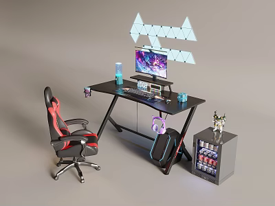 Gaming Computer Setup With Gaming Chair Desk Monitor Keyboard Headphones And LED Lights 3d model