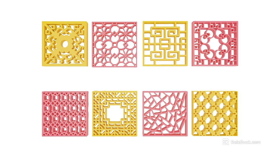 Decorative Laser Cut Panels In Yellow And Pink With Square Intricate Patterns 3d model 