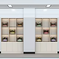 Office Corridor Interior Design With White Display Cabinets And Colorful Jars Under Ceiling Lighting 3d model
