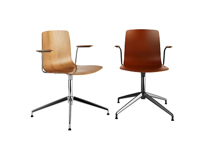 Two Modern Office Chairs With Wooden And Brown Leather Upholstery Armrests And Metal Bases 3d model