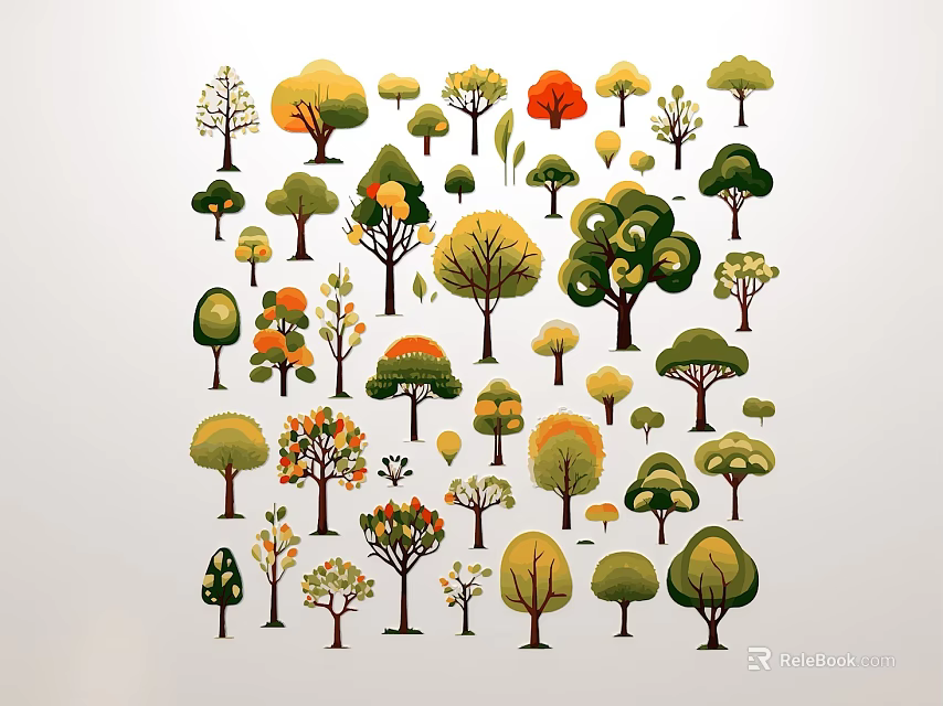 Floral Art Display With Colorful Tree Shapes In Green Yellow Orange On White Background 3d model 