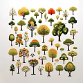 Floral Art Display With Colorful Tree Shapes In Green Yellow Orange On White Background