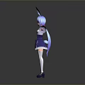 Cute Child Cartoon Character With Rabbit Ears Purple Hair And Blue White Dress Arms Outstretched