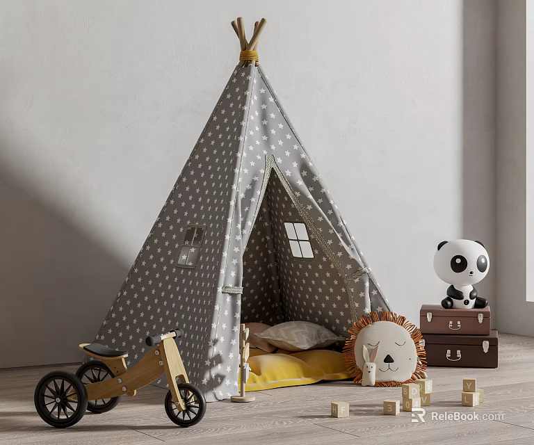 Children's Polka Dot Play Tent With Lion Doll Wooden Tricycle And Panda Toy 3d model 