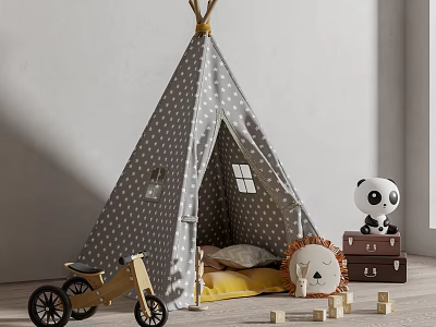 Children's Polka Dot Play Tent With Lion Doll Wooden Tricycle And Panda Toy 3d model