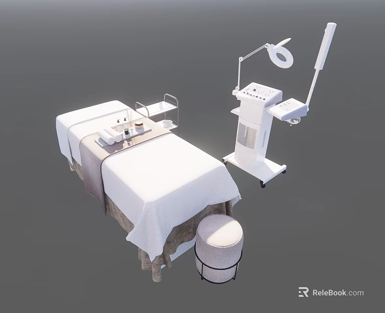 Comfortable Massage Bed With White Sheet Adjustable Lamp Stool And Table Accessories 3d model 