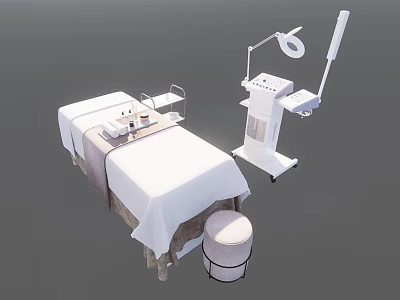 Comfortable Massage Bed With White Sheet Adjustable Lamp Stool And Table Accessories 3d model