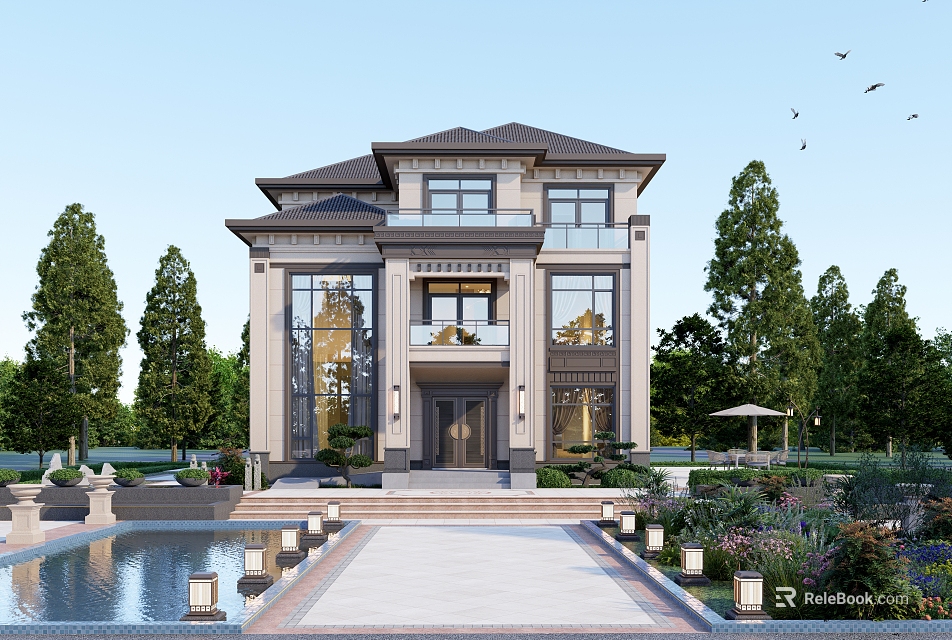 Luxurious Detached Villa Exterior With Stone Steps Water Pool And Green Trees 3d model 