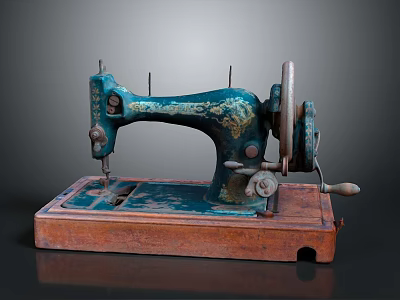 Vintage Blue Sewing Machine With Rustic Finish On Wooden Base 3d model