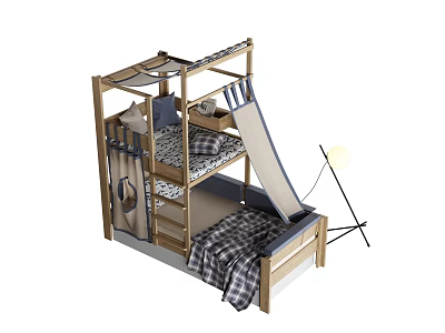 Kids Wooden Bunk Bed With Slide Canopy Ladder And Plaid Blanket Mattress 3d model