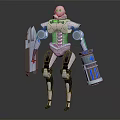 Futuristic Pink And White Robot With Blue Glowing Elements Holding Shield And Device