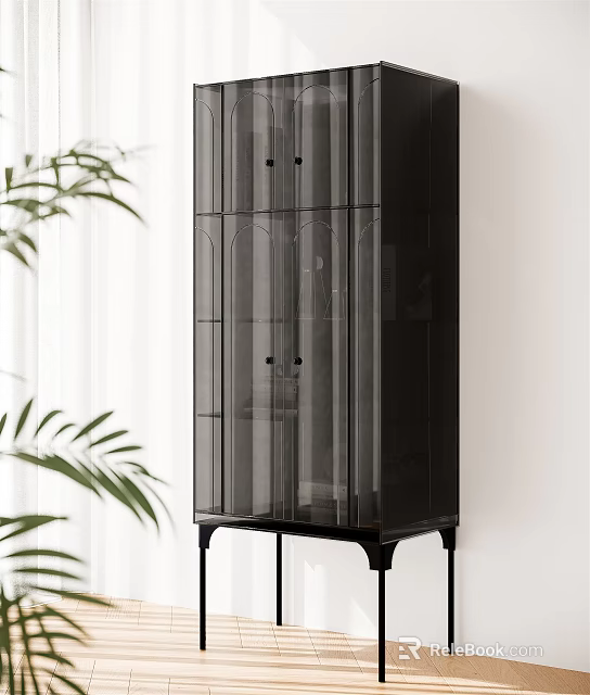 Modern Black Bookcase With Glass Doors And Tall Metal Legs In Minimalist Interior 3d model 