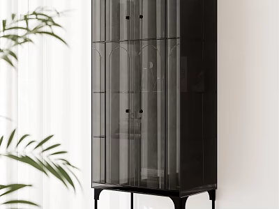 Modern Black Bookcase With Glass Doors And Tall Metal Legs In Minimalist Interior 3d model