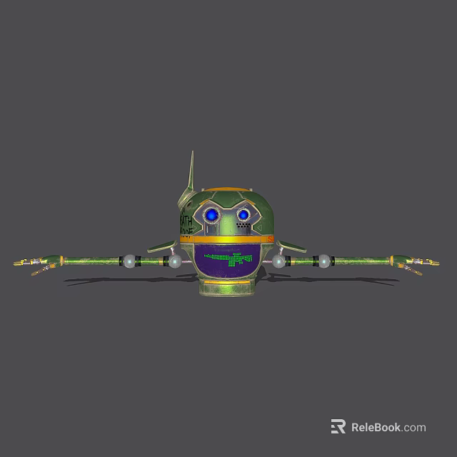 Smart Machine With Green Body Blue Eyes Display Purple Facial Area And Mechanical Arms 3d model 