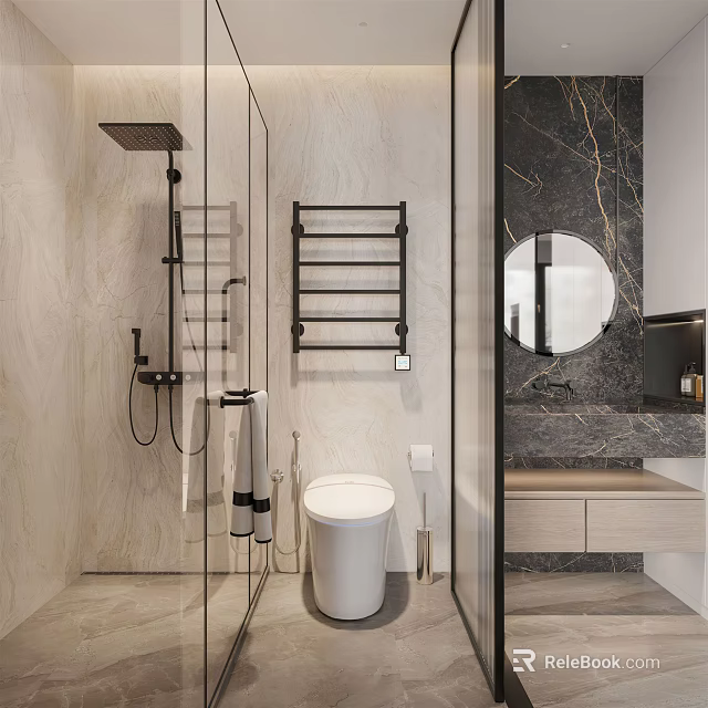 Modern Bathroom Interior With Glass Shower Black Towel Rail White Toilet And Marble Countertop 3d model 