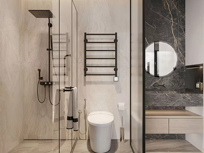 Modern Bathroom Interior With Glass Shower Black Towel Rail White Toilet And Marble Countertop 3d model