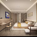 Modern Hotel Guest Room With Wooden Bed Decorative Painting TV Soft Lighting And Wooden Furniture