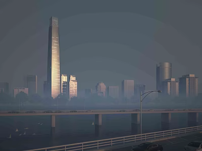 Modern High Rise Office Building With Glass Curtain Wall In Urban Skyline Near Road And Bridge 3d model