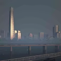 Modern High Rise Office Building With Glass Curtain Wall In Urban Skyline Near Road And Bridge