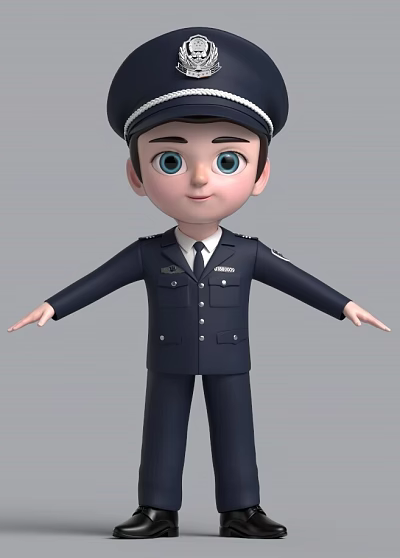 Cartoon Game and Movie Character in Dark Blue Police Uniform With Hat Badge Arms Outstretched 3d model