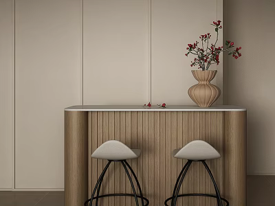Modern Restaurant Bar With Wooden Counter Two White Stools Black Legs Vase Red Flowers Berries 3d model