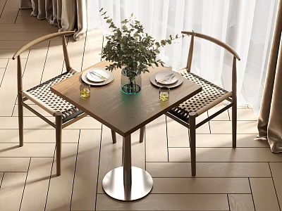 Modern Dining Table Set With Wooden Tabletop Metal Base Rattan Chairs And Green Plant 3d model
