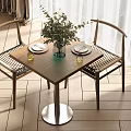 Modern Dining Table Set With Wooden Tabletop Metal Base Rattan Chairs And Green Plant