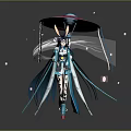Mythical Woman In Blue And White Outfit Holding Red Umbrella With Flowing Decorations