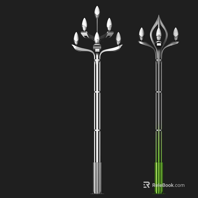 Outdoor Lights with Silver and Green Lamp Posts and Multiple Light Heads Design 3d model 