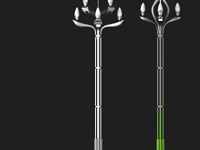 Outdoor Lights with Silver and Green Lamp Posts and Multiple Light Heads Design 3d model
