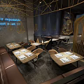 Modern Restaurant Interior With Golden Circular Lattice Structure And Dining Space 3d model