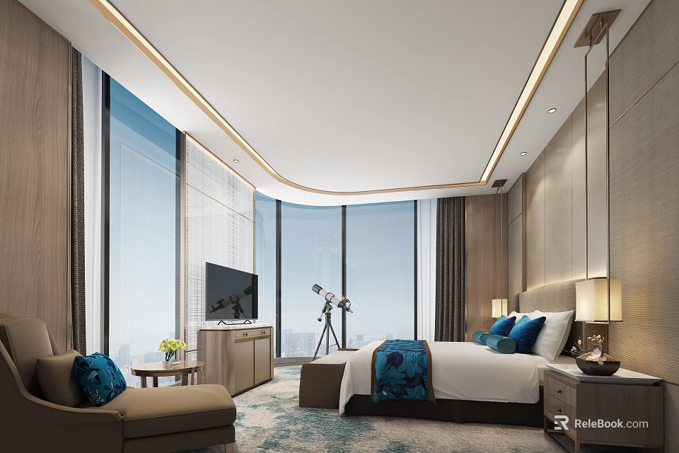 Modern Hotel Guest Room With King Bed Blue Pillows Large Windows And City View 3d model 