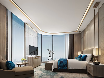 Modern Hotel Guest Room With King Bed Blue Pillows Large Windows And City View 3d model