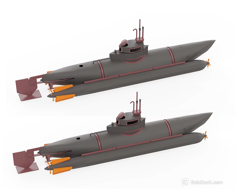 Two Military Submarines with Gray Hull Red Accent Lines Command Towers and Torpedo Tubes 3d model 