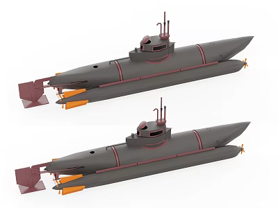 Two Military Submarines with Gray Hull Red Accent Lines Command Towers and Torpedo Tubes 3d model