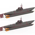 Two Military Submarines with Gray Hull Red Accent Lines Command Towers and Torpedo Tubes