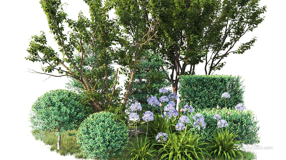 Green Garden Shrubs with Rounded Shapes Purple Flowers and Lush Foliage 3d model 