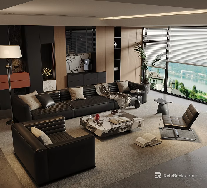 Modern Leather Sofa And Marble Coffee Table With Armchair Green Plant And Scenic Window View 3d model 