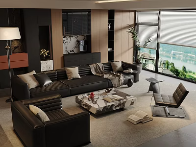 Modern Leather Sofa And Marble Coffee Table With Armchair Green Plant And Scenic Window View 3d model