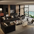 Modern Leather Sofa And Marble Coffee Table With Armchair Green Plant And Scenic Window View