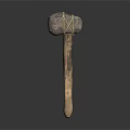 Artisanal Carved Stone Hammer With Wooden Handle And Rope Binding Details