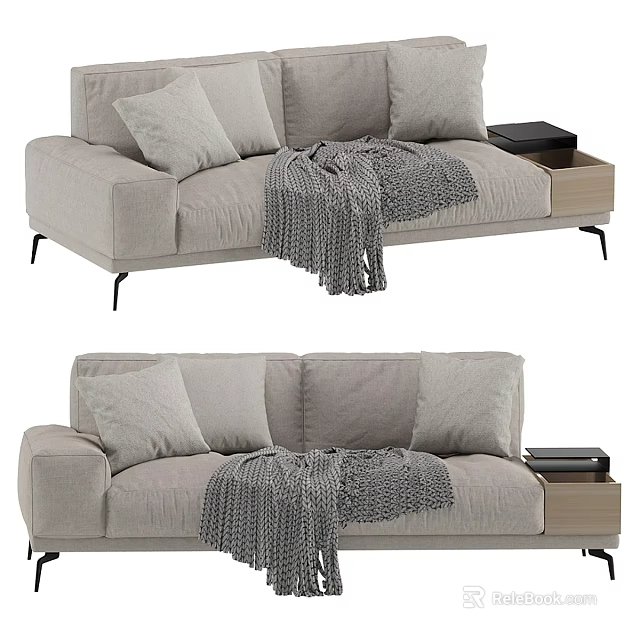 Modern Light Gray Sofa Set With Soft Pillows Knitted Blanket And Side Table 3d model