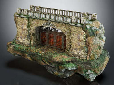 Stone Arch Entrance Gate With Wooden Grille And Balcony Rail On Moss Covered Rock Base 3d model