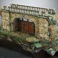 Stone Arch Entrance Gate With Wooden Grille And Balcony Rail On Moss Covered Rock Base