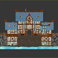 Traditional European Wooden Houses With Blue Roofs And Stone Bridge Over Water