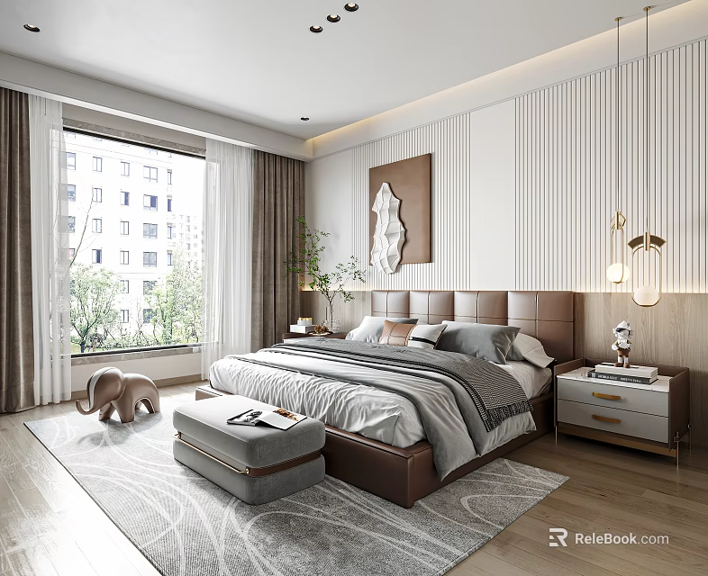 Modern Bedroom Interior Featuring Brown Headboard Gray White Bedding Nightstand Window Curtains And Wall Art 3d model 