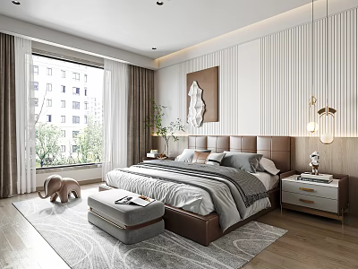 Modern Bedroom Interior Featuring Brown Headboard Gray White Bedding Nightstand Window Curtains And Wall Art 3d model