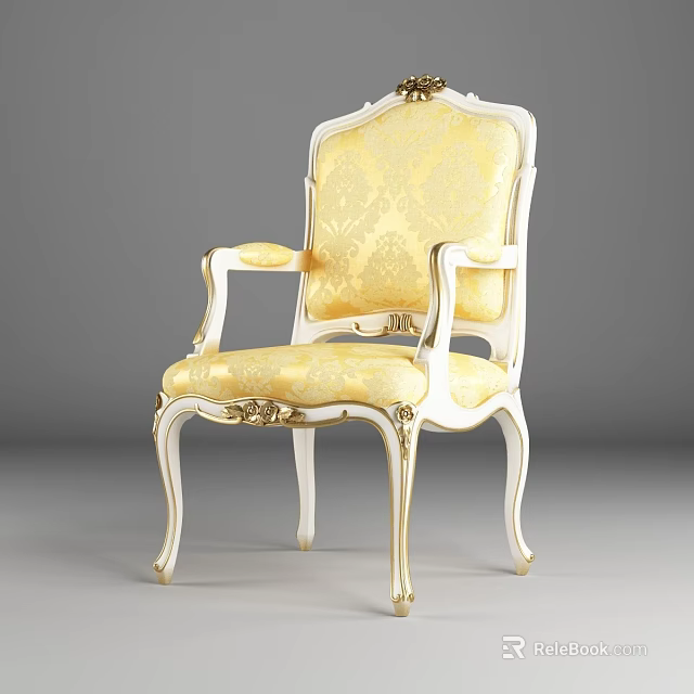 Elegant Classical Armchair With Yellow Fabric Upholstery White Wood Frame And Gold Carved Details 3d model 